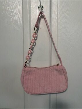 Pink Corduroy Shoulder Bag with Chain Accent